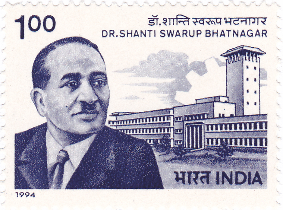 An Indian postage stamp showing Shanti Swarup Bhatnagar beside a laboratory building