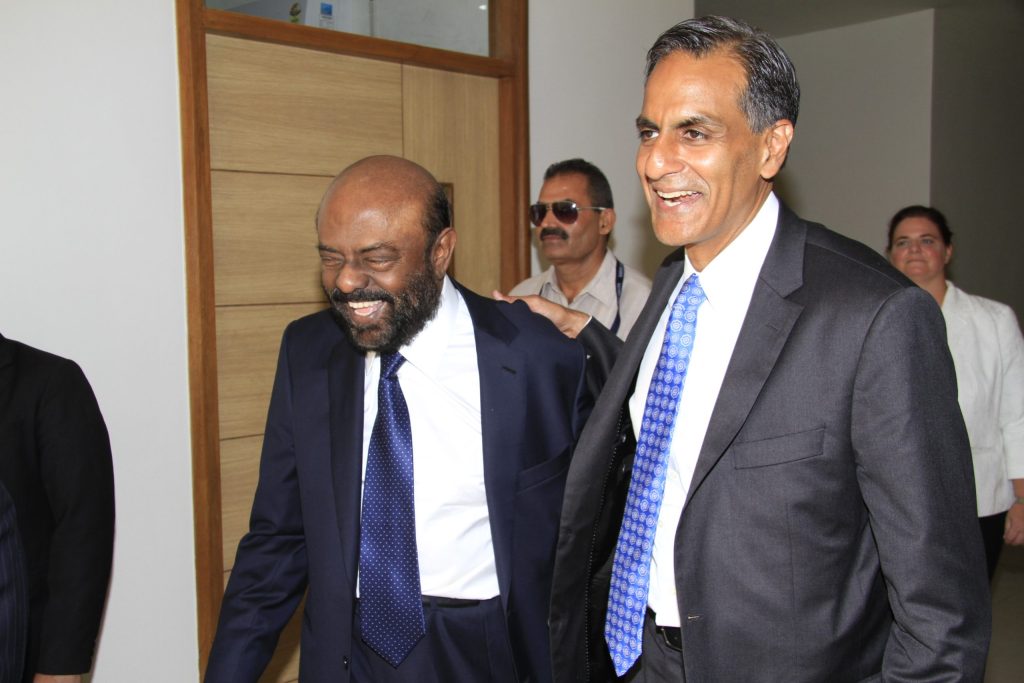Shiv Nadar laughing with US Ambassador Richard Verma at Shiv Nadar University