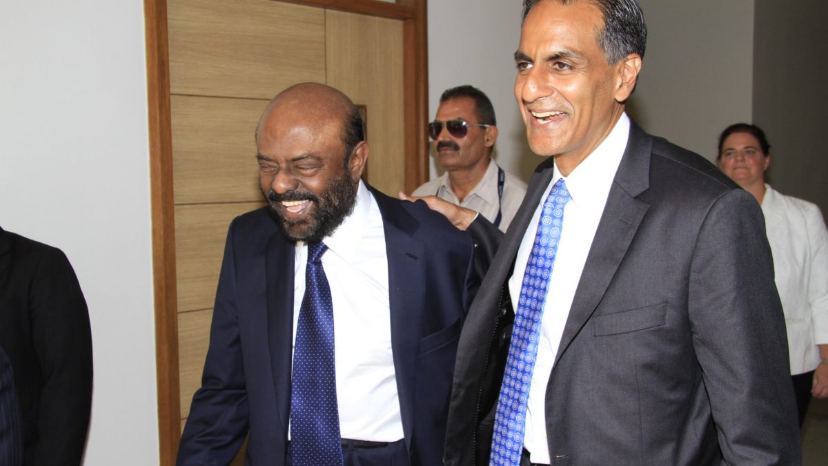 Shiv Nadar laughing with US Ambassador Richard Verma at Shiv Nadar University