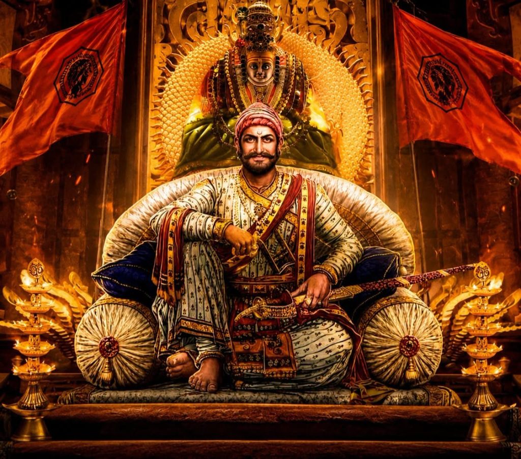 Artwork of Chhatrapati Shivaji Maharaj seated on a throne with a sword, saffron flags behind him