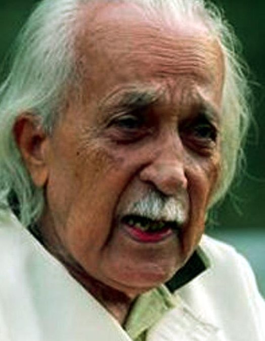 An elderly Shivaram Karanth with swept-back white hair and a white moustache, speaking