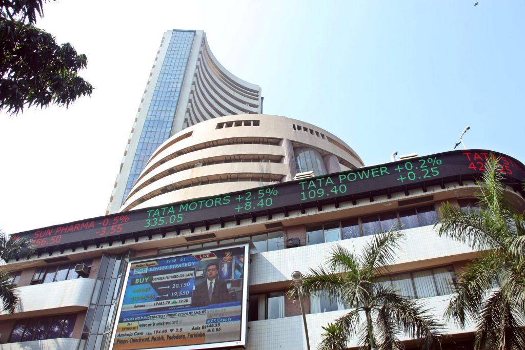 The BSE building in Mumbai with a stock ticker display