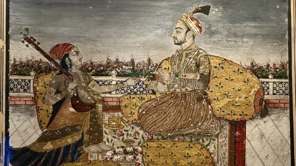 Miniature painting of Siraj-ud-Daulah seated on a terrace against cushions, listening to a musician