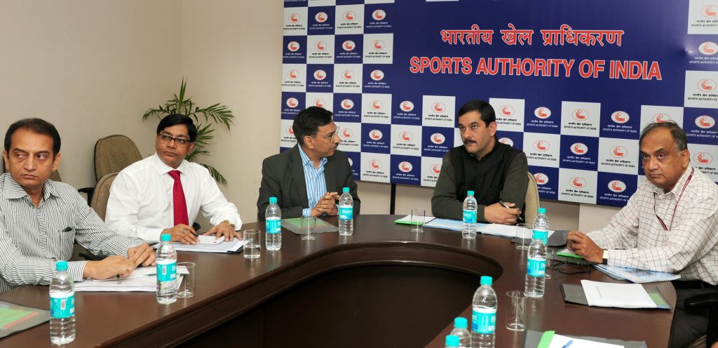 Officials at the Sports Authority of India offices in the Jawaharlal Nehru Stadium