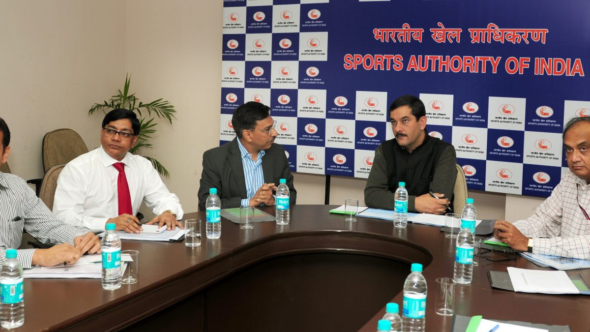 Officials at the Sports Authority of India offices in the Jawaharlal Nehru Stadium