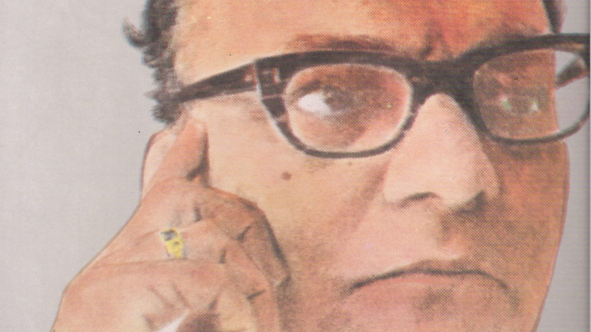 A painted portrait of Sri Sri in thick black-framed glasses, resting his head on his hand