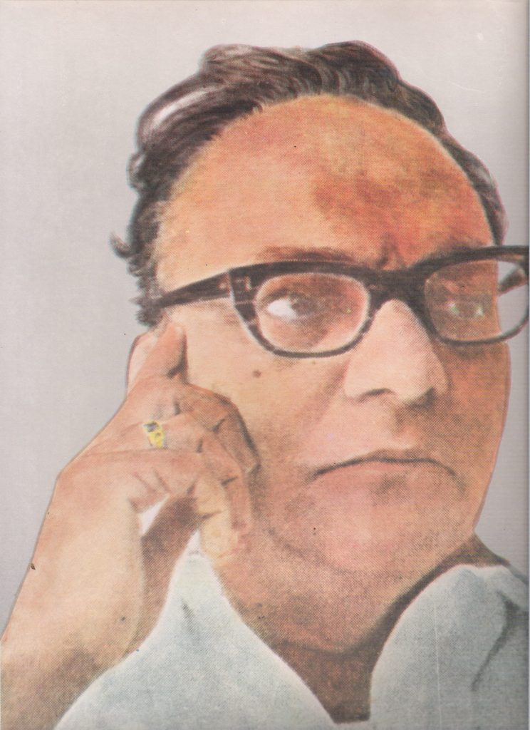 A painted portrait of Sri Sri in thick black-framed glasses, resting his head on his hand