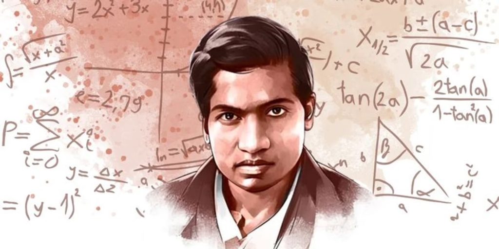 Illustrated portrait of Srinivasa Ramanujan surrounded by mathematical formulas