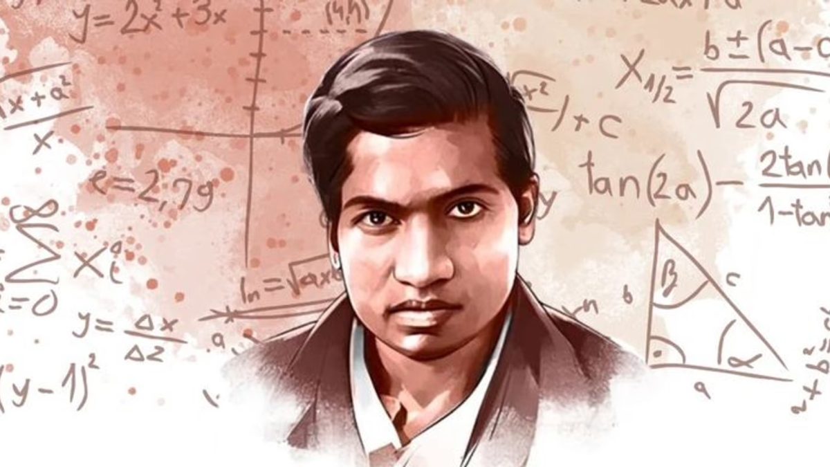 Illustrated portrait of Srinivasa Ramanujan surrounded by mathematical formulas