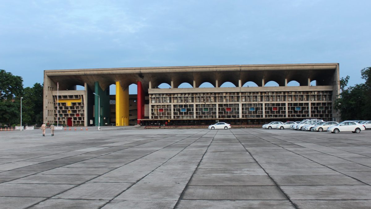 The Punjab and Haryana High Court building in Chandigarh with its coloured columns