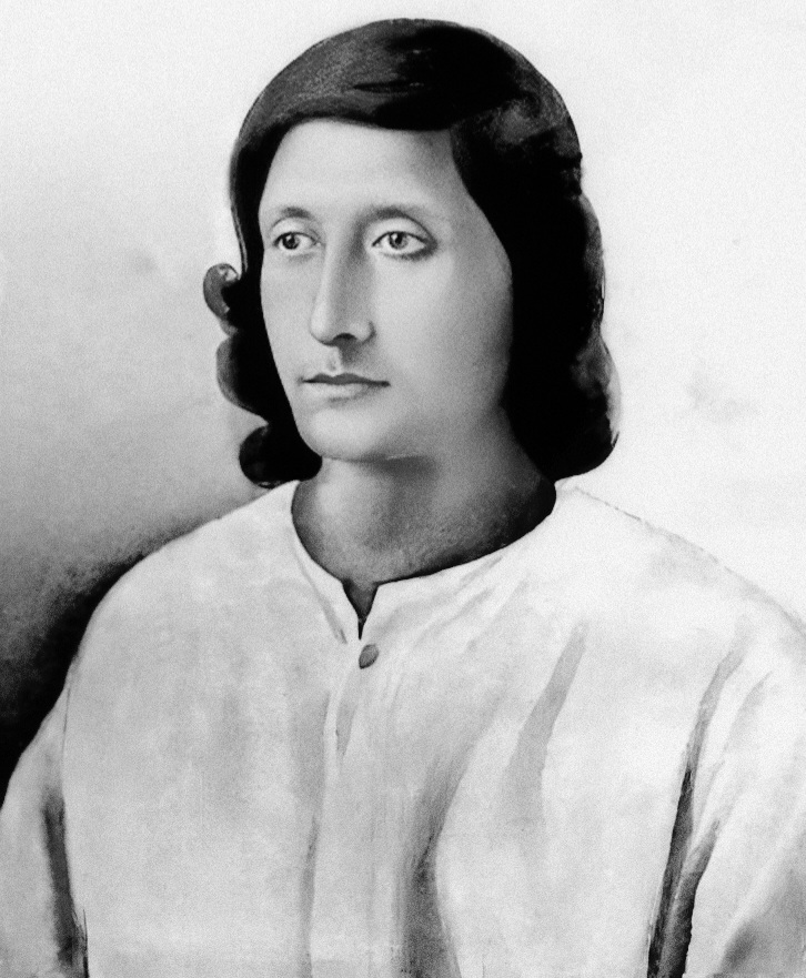 Portrait of a young Nirala with shoulder-length hair, in a white kurta