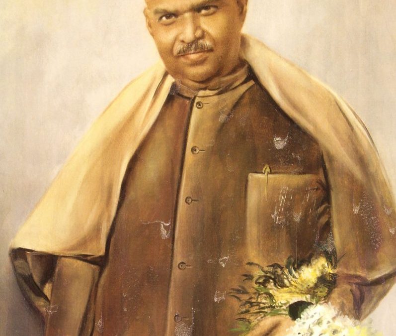 Painted portrait of Syama Prasad Mukherjee with a shawl over his shoulders, holding papers