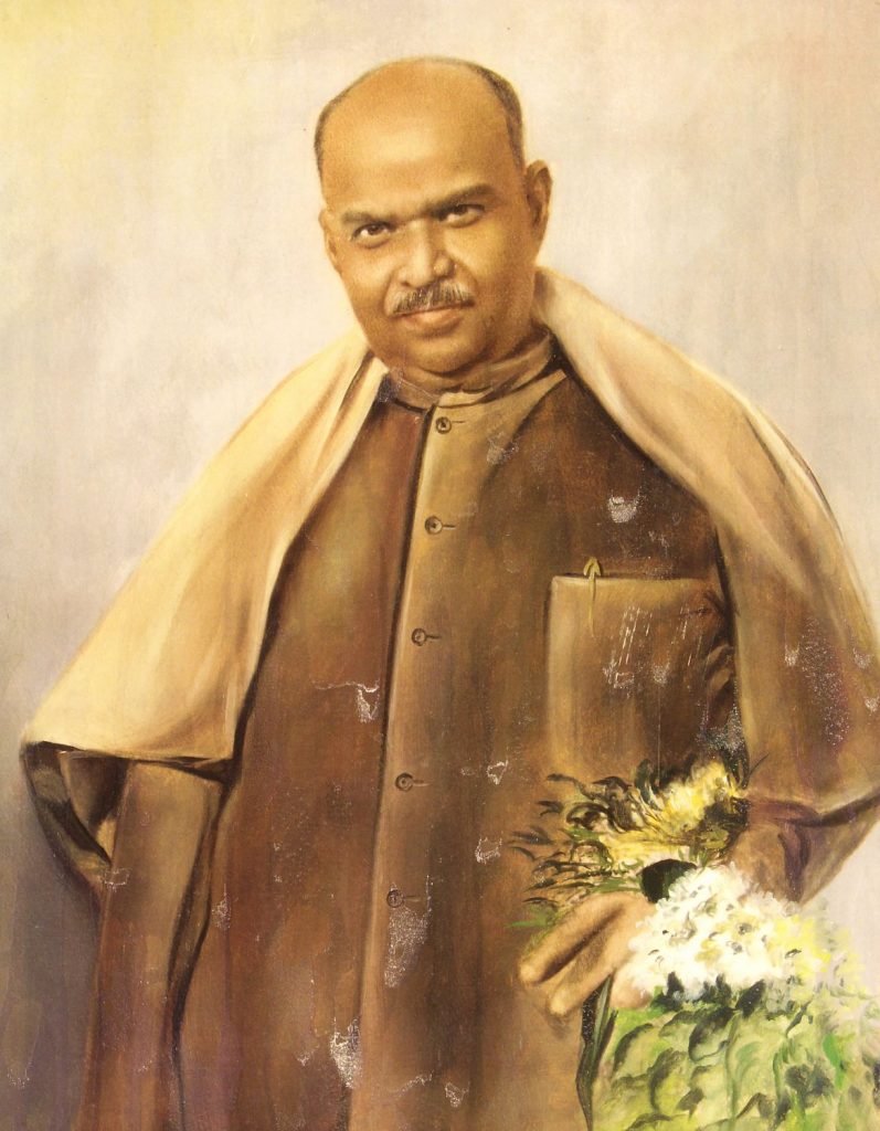 Painted portrait of Syama Prasad Mukherjee with a shawl over his shoulders, holding papers