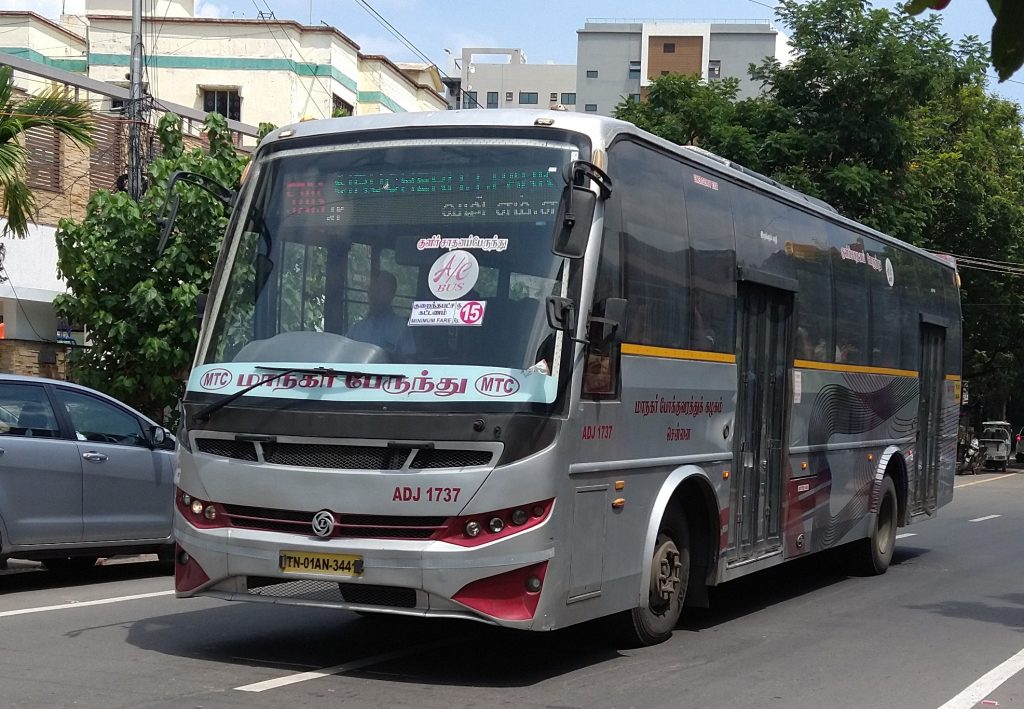 A Chennai MTC air-conditioned bus on a city road