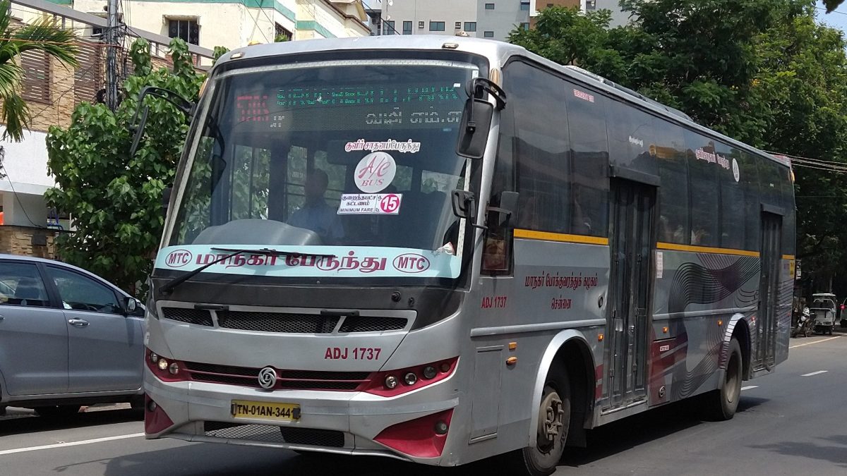 A Chennai MTC air-conditioned bus on a city road
