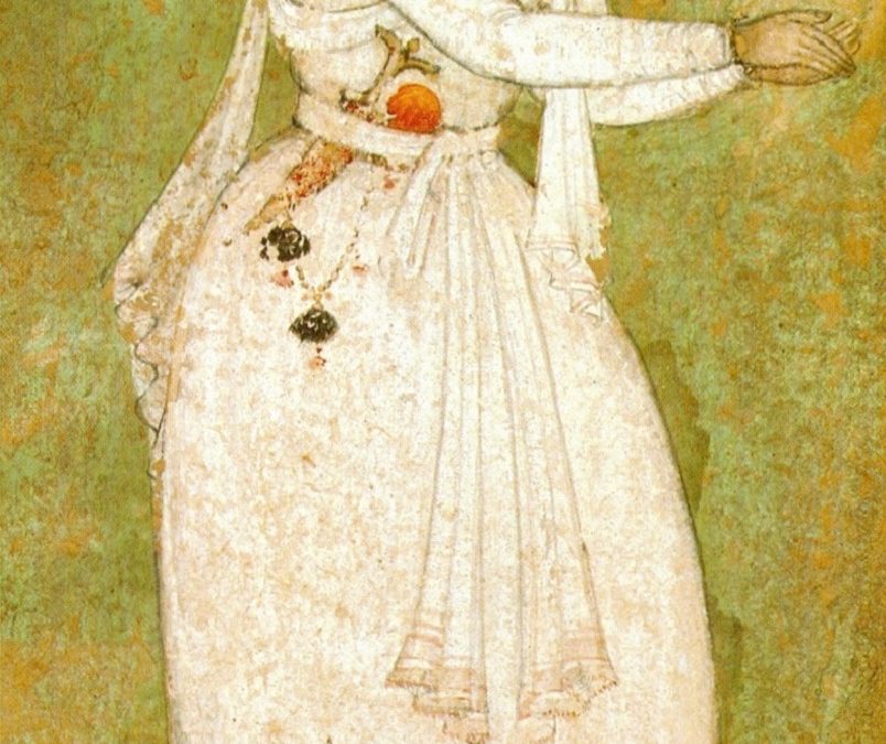 A Mughal miniature painting of Tansen standing in a white robe
