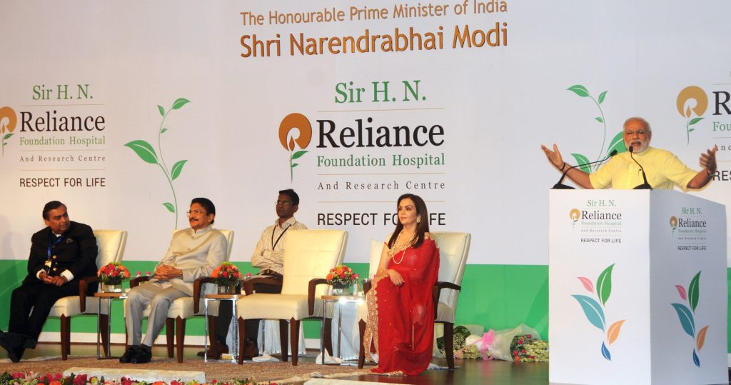 Speakers on stage at the rededication of Sir H.N. Reliance Foundation Hospital in Mumbai