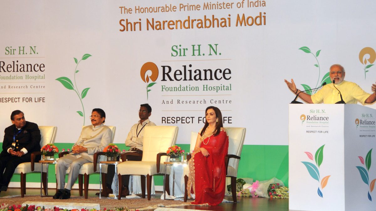 Speakers on stage at the rededication of Sir H.N. Reliance Foundation Hospital in Mumbai