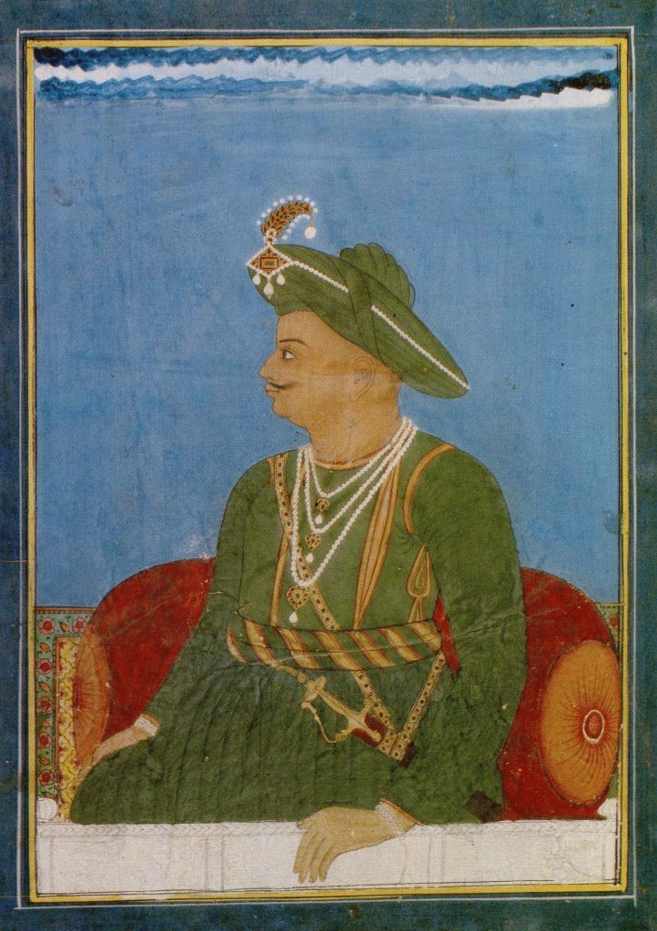 A painted portrait of Tipu Sultan in a green turban and striped coat