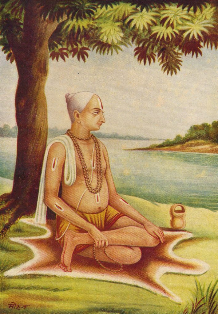 Painting of Tulsidas seated cross-legged under a tree beside a river, writing