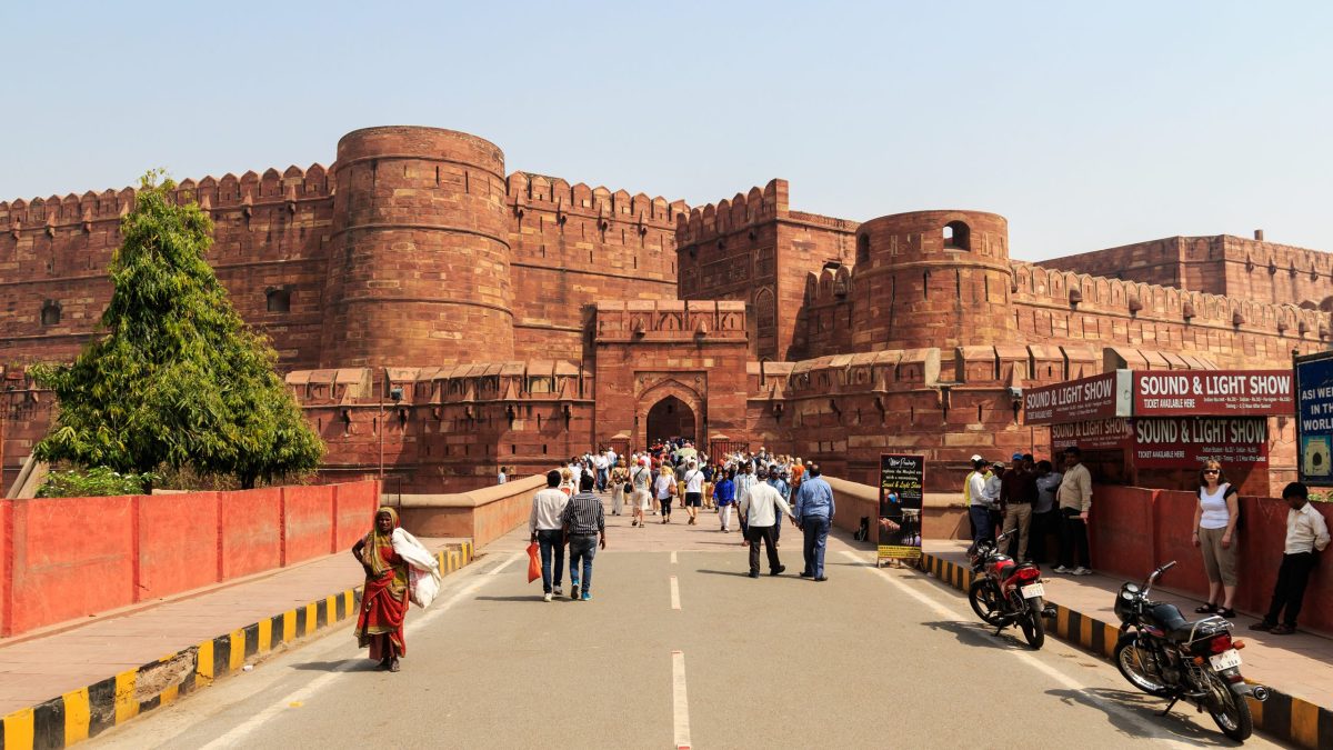 The red sandstone walls and gateway of Agra Fort