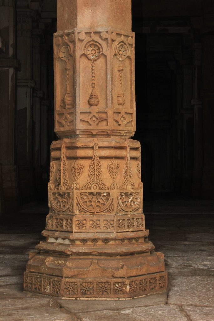 Close view of the carved stone base of a minaret of the Jami Masjid at Champaner in Gujarat