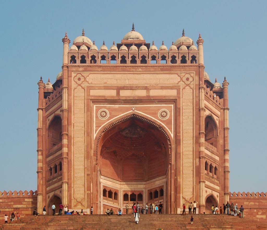 The towering red sandstone Buland Darwaza gateway at Fatehpur Sikri with its long flight of steps