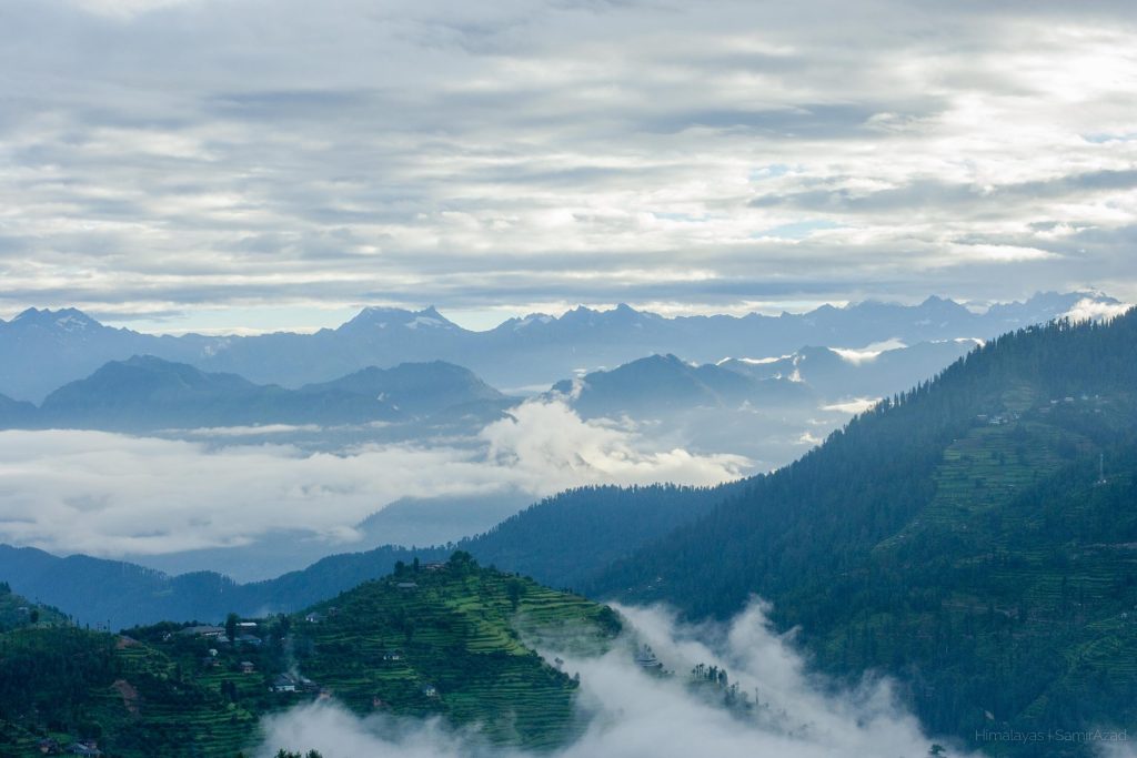 A forested mountain valley in the Great Himalayan National Park in Kullu district, Himachal Pradesh