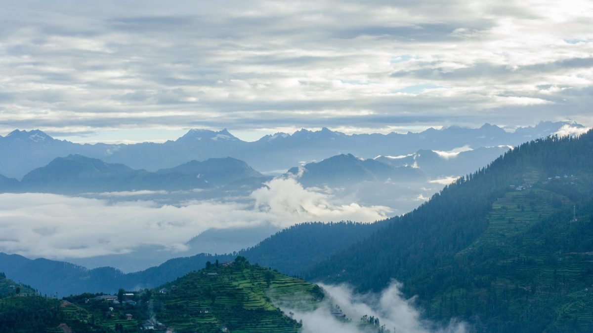 A forested mountain valley in the Great Himalayan National Park in Kullu district, Himachal Pradesh
