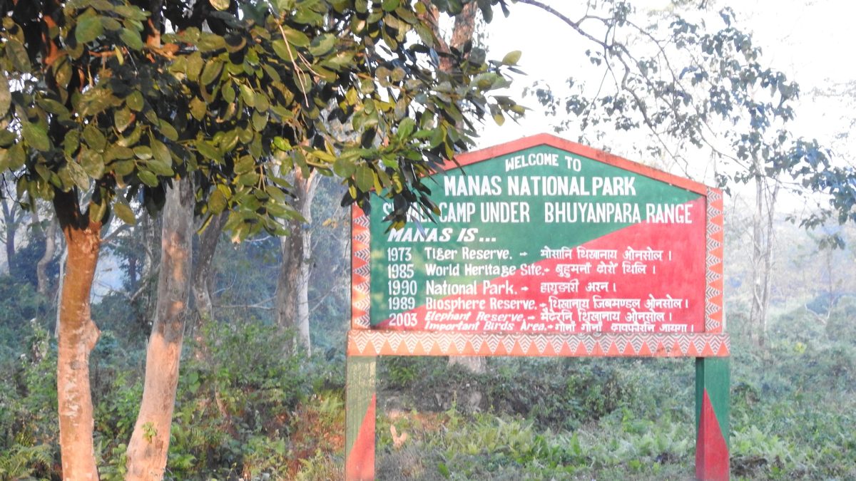 A signboard standing among trees at Manas National Park in Assam