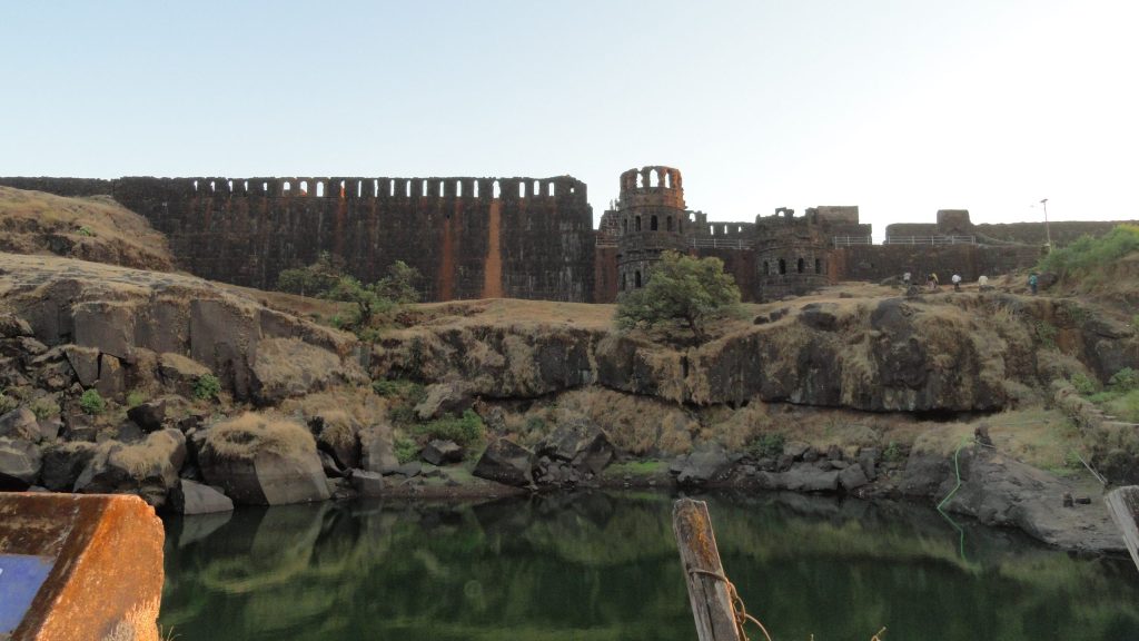The stone ruins on the hilltop of Raigad Fort in the Sahyadri mountains of Maharashtra