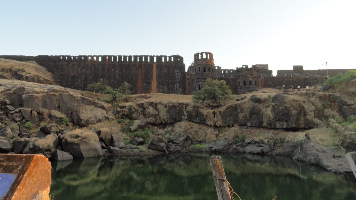 The stone ruins on the hilltop of Raigad Fort in the Sahyadri mountains of Maharashtra
