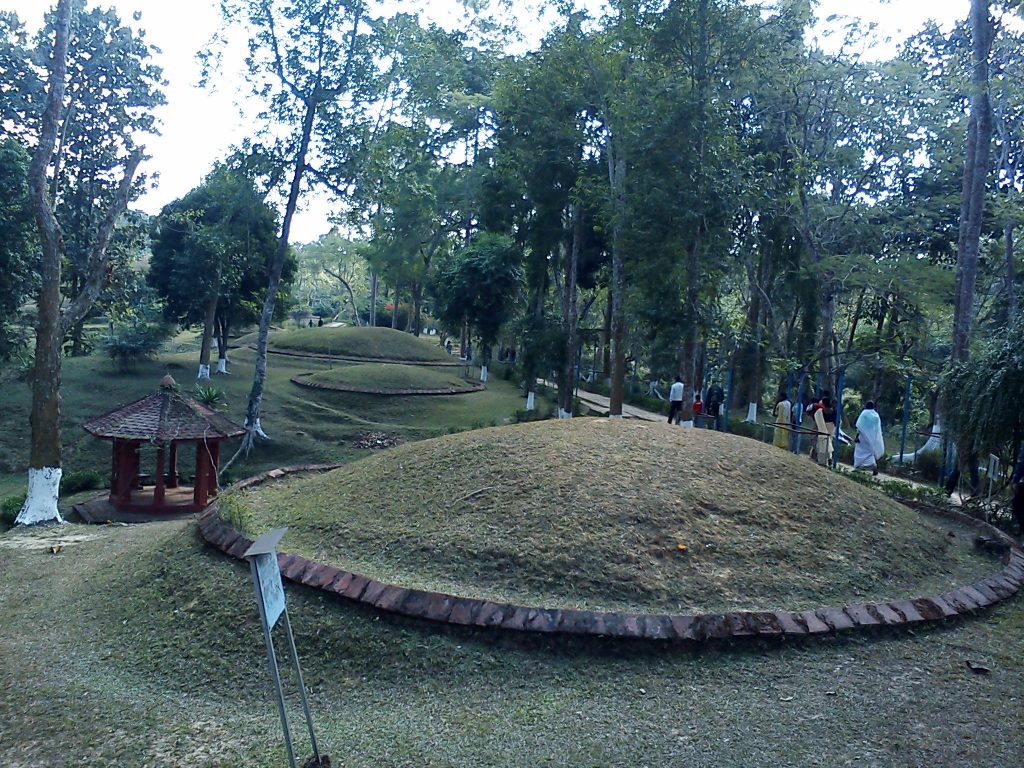 Grass-covered hemispherical burial mounds of the Ahom kings at Charaideo in Assam
