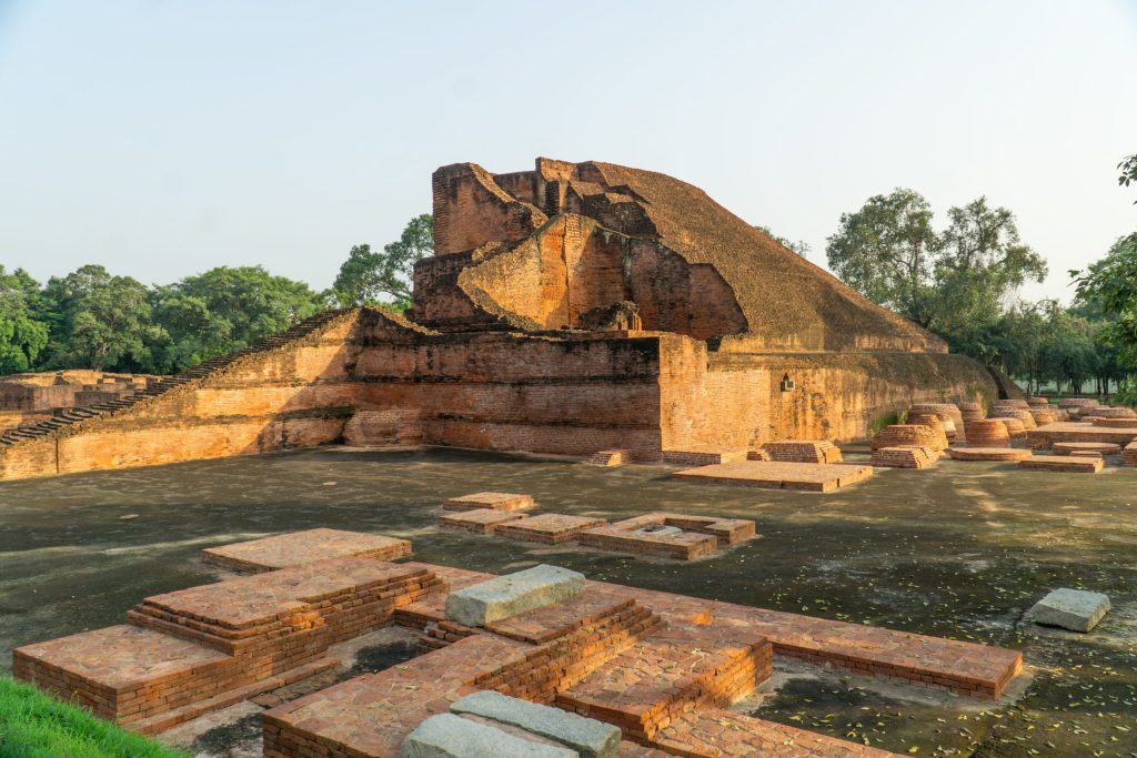 The brick ruins of the great stupa known as Temple 3 at Nalanda in Bihar