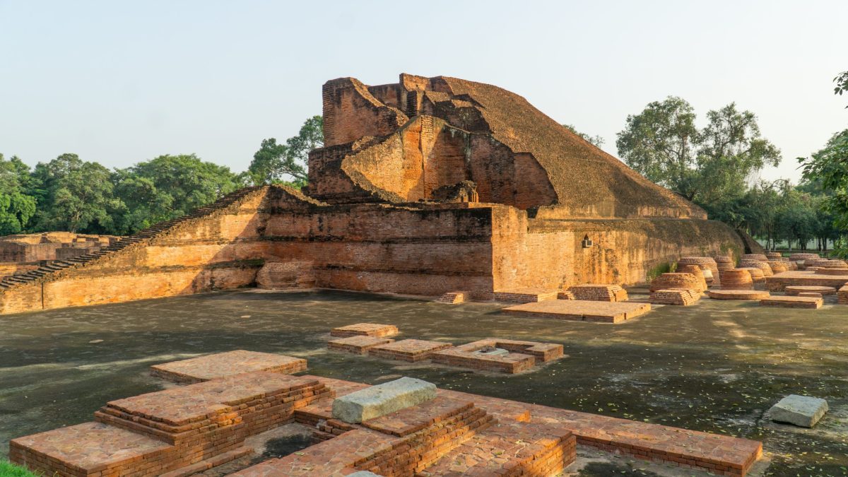 The brick ruins of the great stupa known as Temple 3 at Nalanda in Bihar