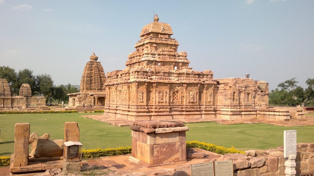 A sandstone temple with a stepped tower at Pattadakal in Karnataka