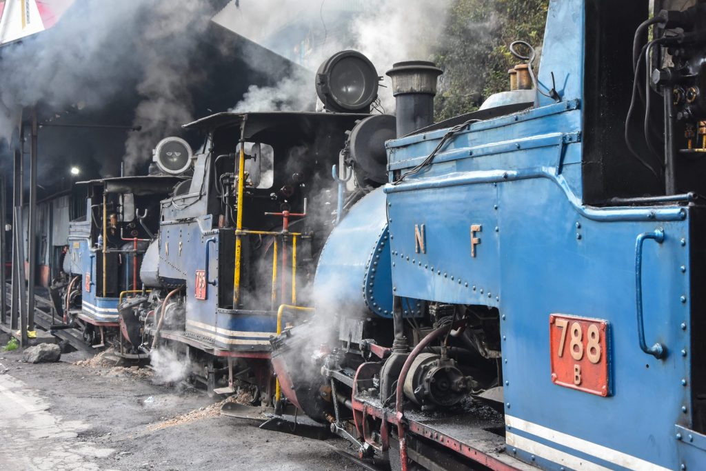 A small blue steam locomotive of the Darjeeling Himalayan Railway pulling its train