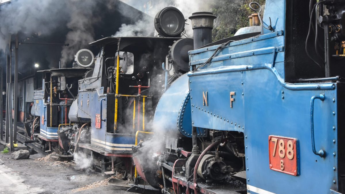 A small blue steam locomotive of the Darjeeling Himalayan Railway pulling its train