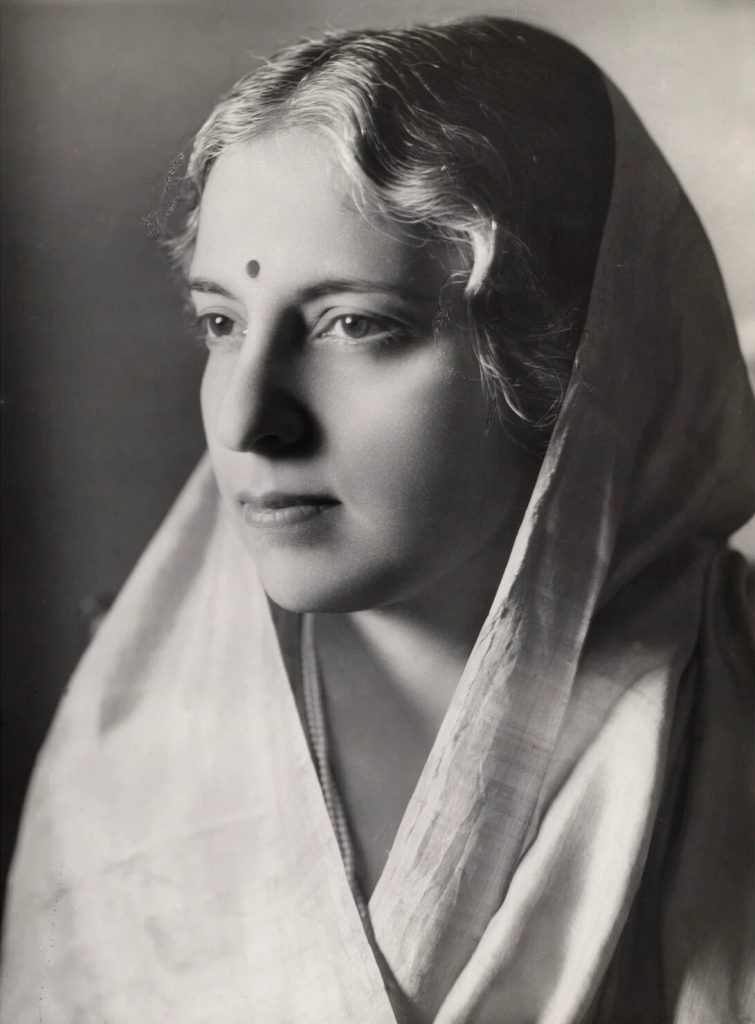 Studio portrait of Vijaya Lakshmi Pandit in profile with a white sari over her head