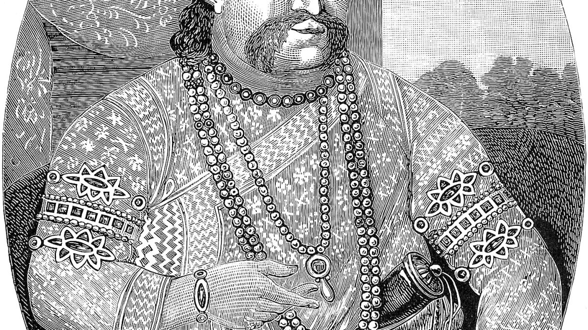 Oval engraving of Wajid Ali Shah in a jewelled crown and embroidered robes