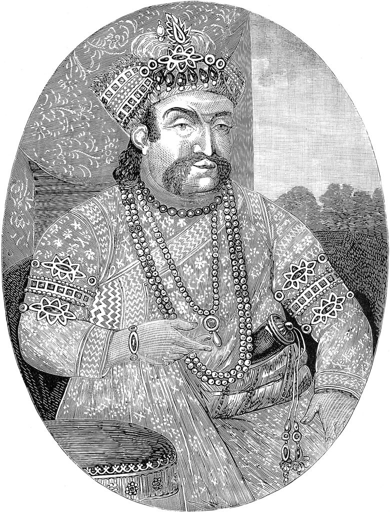 Oval engraving of Wajid Ali Shah in a jewelled crown and embroidered robes