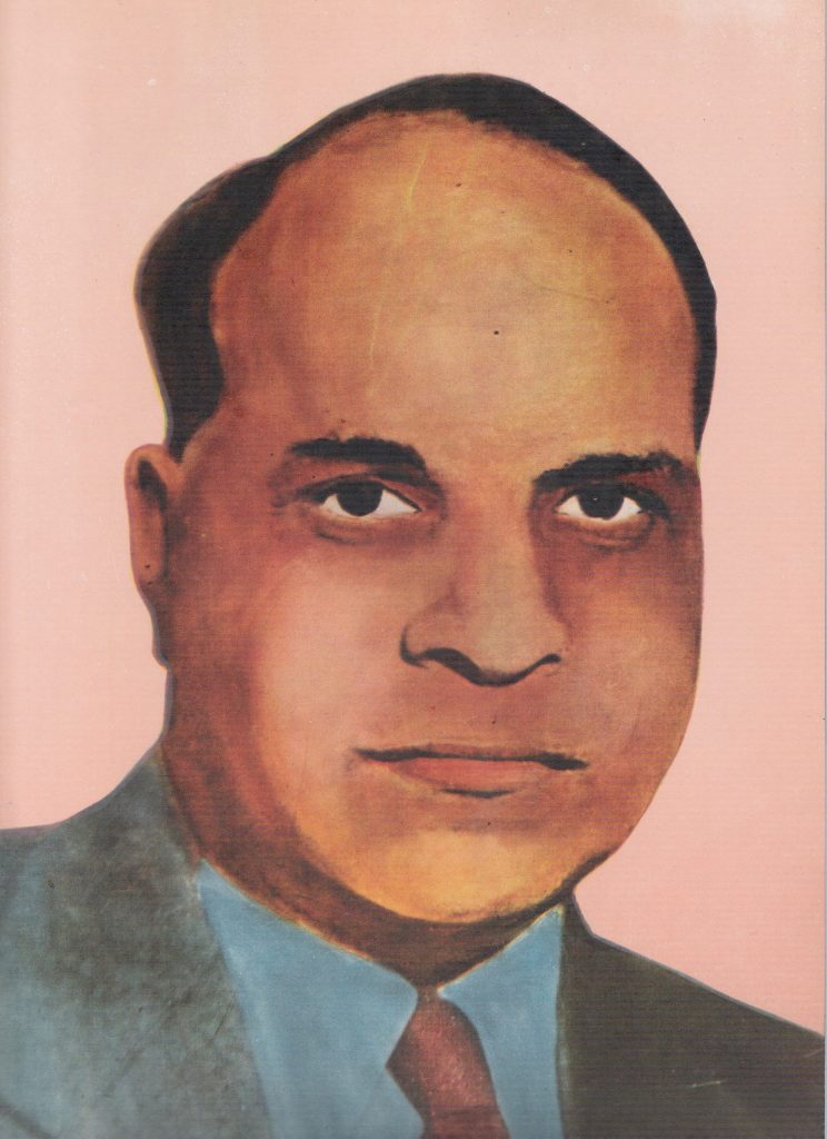 A painted portrait of Yellapragada Subbarow in a suit and tie