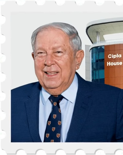 Yusuf Hamied in a blue suit, from an Indian postage stamp